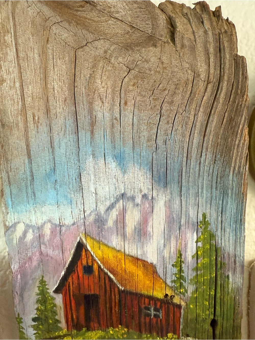 Original Signed Oil on Wood Red Barn with Yellow Roof Painting - Picture 6 of 9